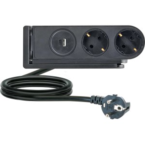 Schwaiger Tischsteckdosenleiste mit 2 Schuko-Steckdosen, USB-C und USB-A Ladeports, klemmbar.