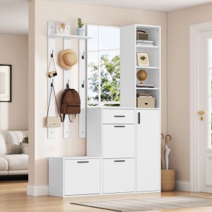 Weiße Garderobe mit Spiegel, Schuhschrank, Haken und offenen Ablagen für den Flur. Modernes Garderoben-Set.