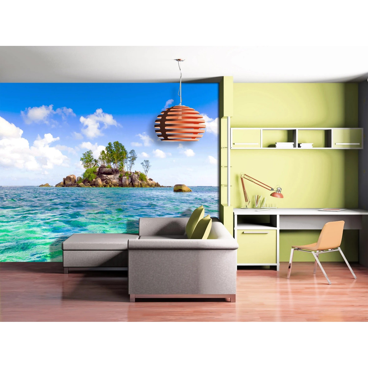 Sanders Fototapete Meerblick (360x270 cm) in Blau, Grün und Beige im Wohnzimmer.