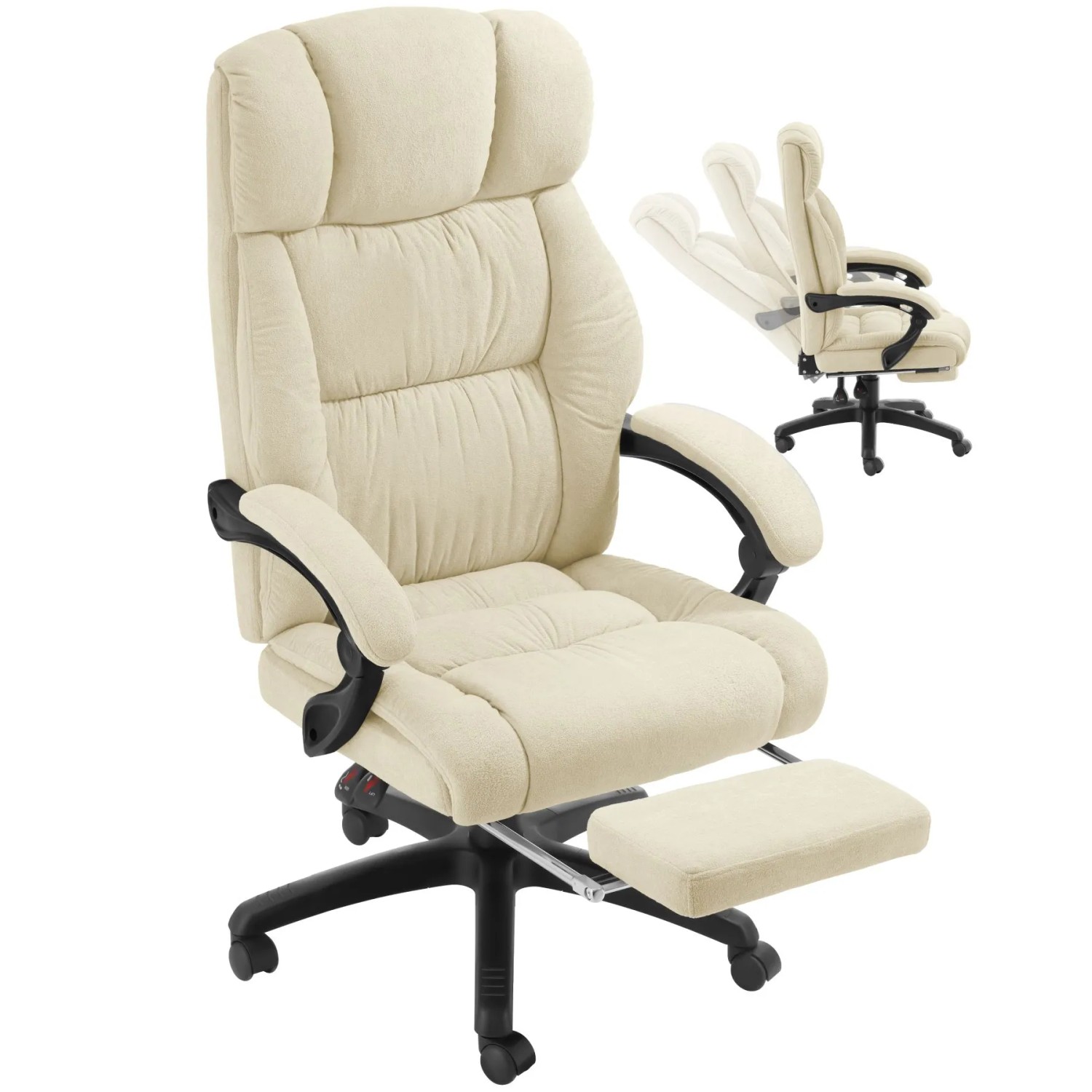 Tectake Bürostuhl Jillien Dicke Polsterung Mit Weichem Velours Verstellbare Rückenlehne und Ausklappbare Fußstütze Beige 118 x 64 x 115 cm Beige