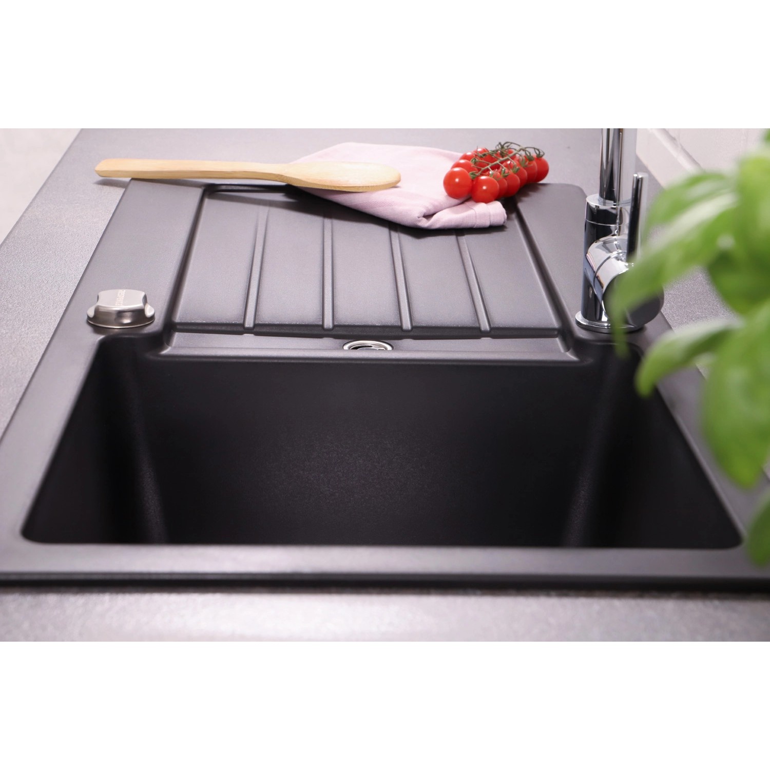 Respekta Granitspüle Atlanta, 86x43,5 cm, Schwarz. Küchenspüle aus Granitverbund mit Abtropffläche.