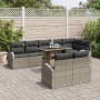 Graues 9-teiliges vidaXL Garten-Sofa-Set aus Poly Rattan mit Tisch und schwarzen Kissen.