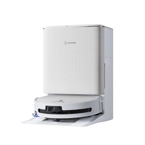 Weißer ECOVACS DEEBOT T90 OMNI Saug- und Wischroboter in seiner All-in-One-OMNI-Station. Moderner Staubsauger.