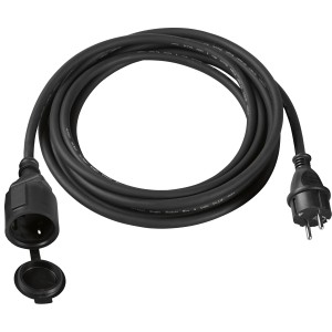 Schwarzes 5 m Verlängerungskabel H07RN-F 3G1,5 mit Schutzkontaktstecker und Verschlusskappe.