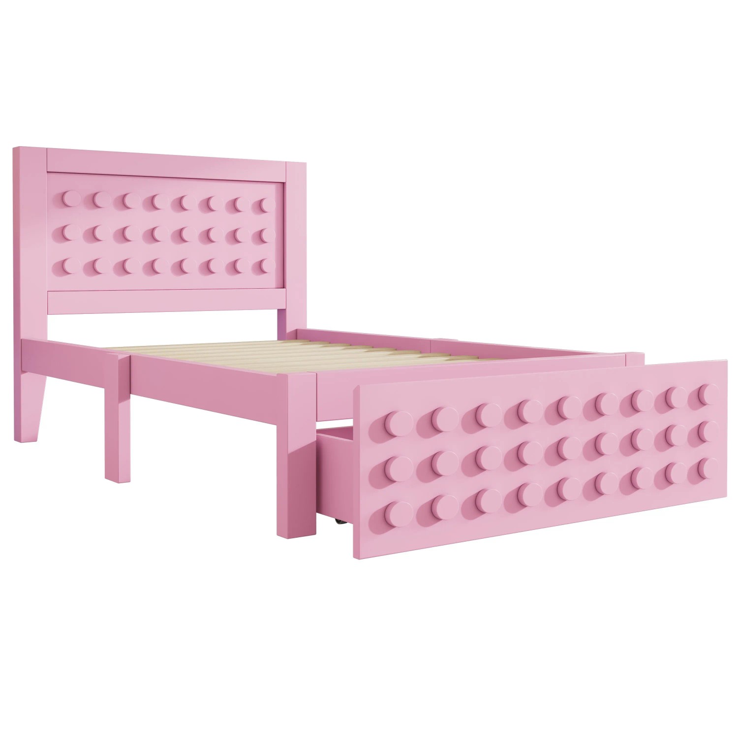 okwish Einzelbett 90x200cm mit Block Design Schubladen Kinderzimmer Rosa ohne Matratze