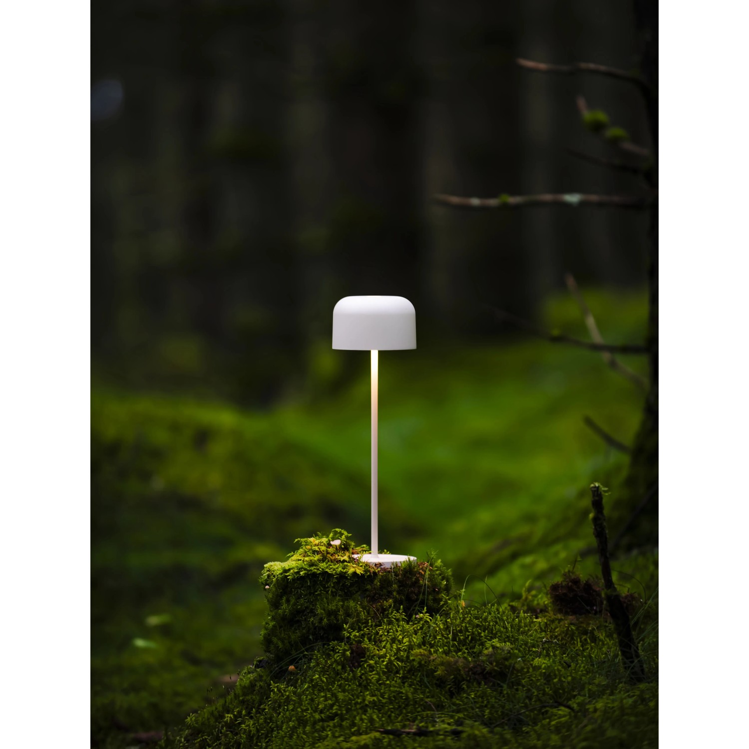 Weiße Konstsmide LED Tischleuchte Lille, 36cm, auf moosbewachsenem Untergrund. Dekoleuchte für Innen & Außen.