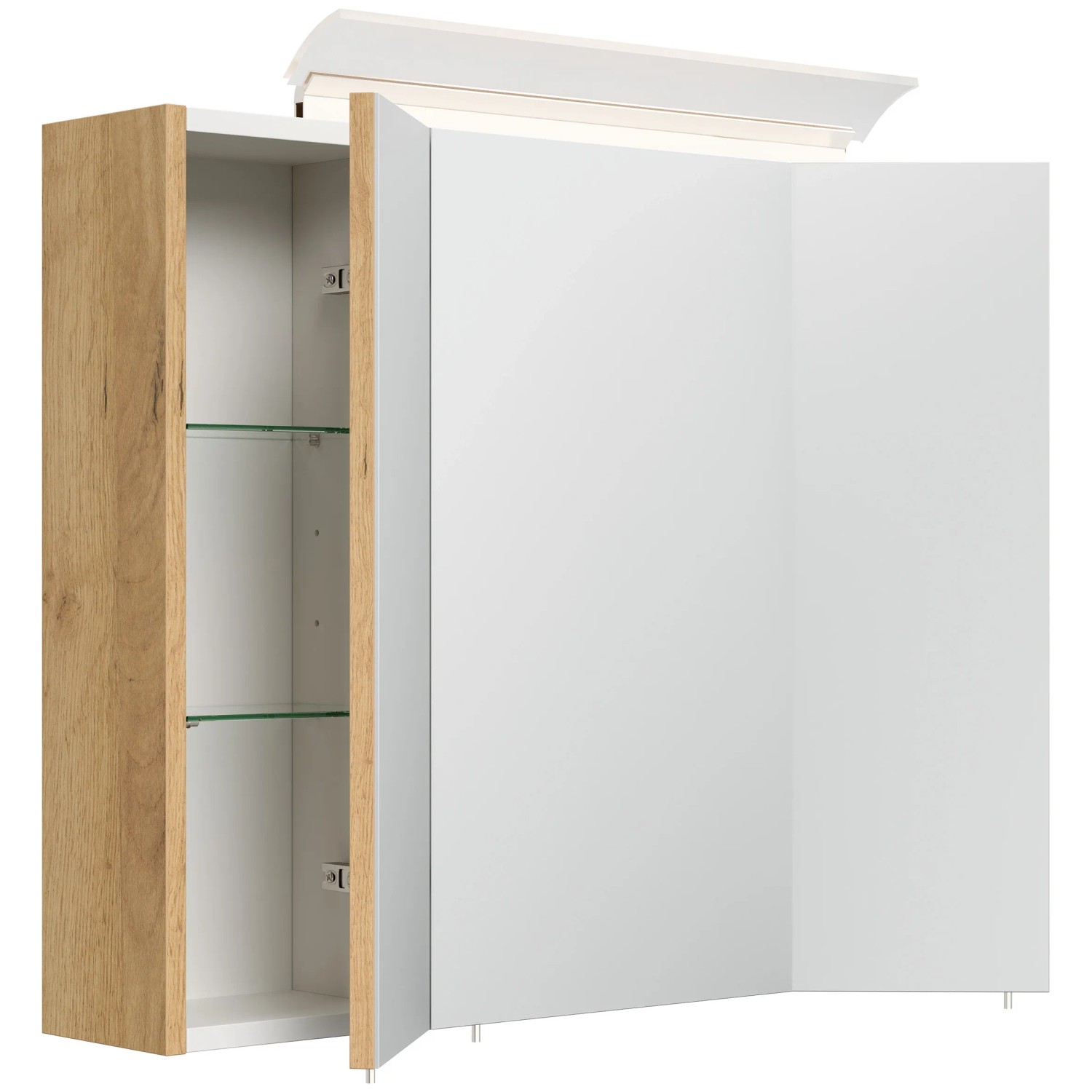 Posseik Spiegelschrank 75 cm Eiche Gold mit LED-Lampe und Glasböden.