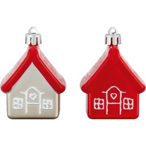 Baumschmuck-Set: 4 Häuser in Rot, Grau und Weiß mit silbernen Aufhängern.