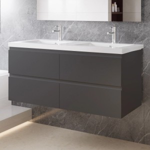 AICA Waschtisch mit Unterschrank, 120 cm, anthrazit matt, mit zwei Waschbecken und vier Schubladen.