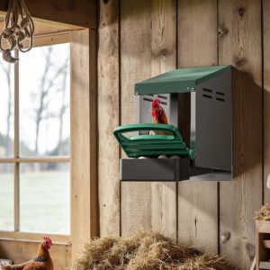Fudajo Legenest grün-grau mit Auffangschale, an Holzwand montiert. Huhn im Nest, Eier im Abrollnest. Für Hühnerställe.