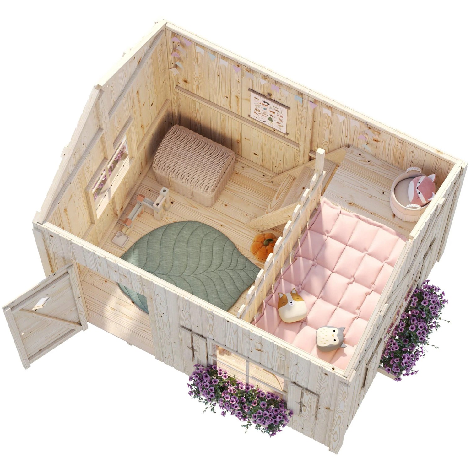 Palmako Spielhaus Grete, 220x258x223cm, mit Inneneinrichtung und Blumenkästen.