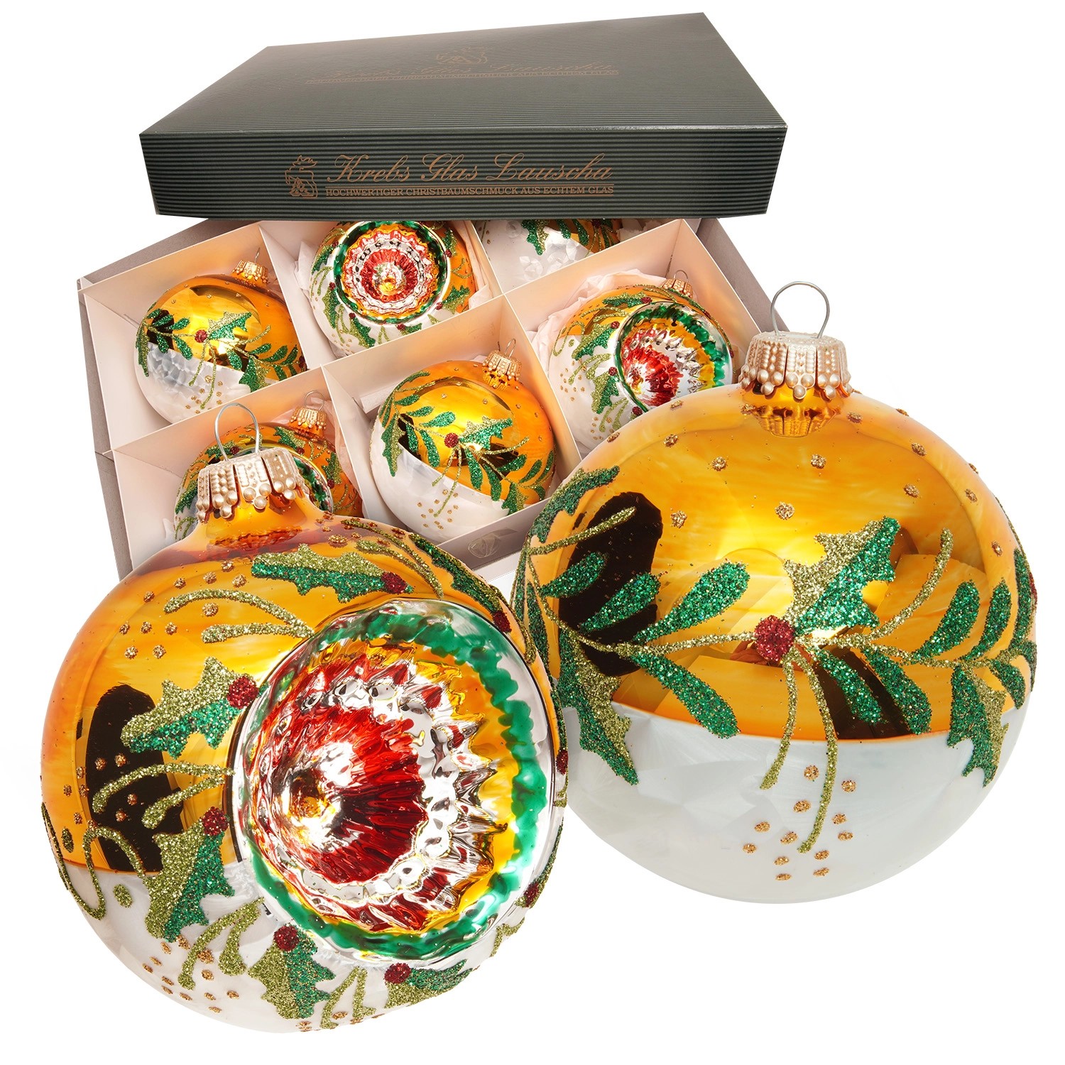 Krebs Glas Lauscha Weihnachtskugeln Reflex Winterzweige Goldfarbig 8cm