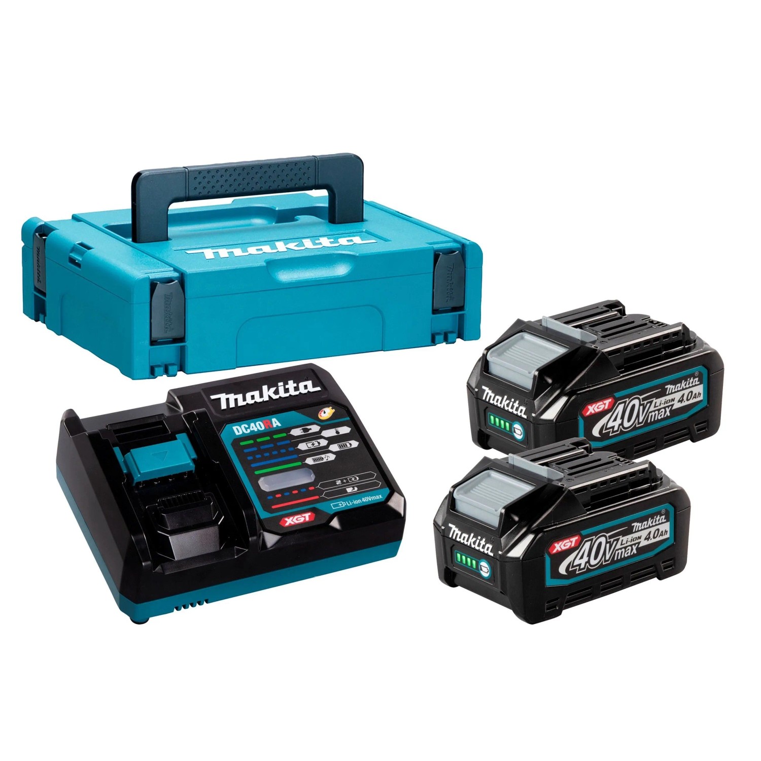 Makita Power Source-Kit: 2x 40V max. 4,0 Ah Akkus, Schnellladegerät DC40RA und türkiser MAKPAC Koffer.