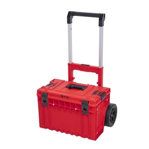 Roter PROREGAL QBRICK Werkzeugtrolley mit Teleskopgriff und Rädern. Ideal für Werkzeugtransport.