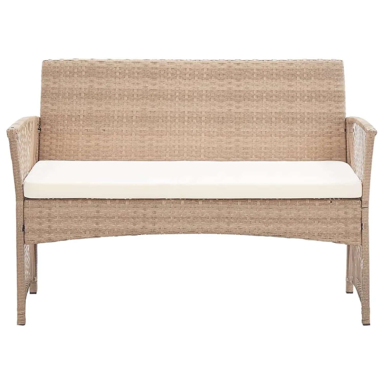Beige Gartenbank aus Rattan mit cremefarbenem Sitzkissen, Teil des vidaXL Lounge-Sets.