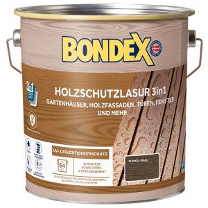 Dunkelgraue Bondex Holzschutzlasur 3in1 im 4 l Eimer für langanhaltenden Holzschutz.