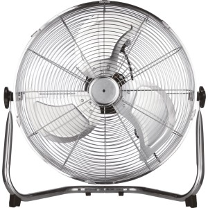 OBI Bodenventilator, Ø 45 cm, Chrom, mit drei Flügeln und Schutzgitter.