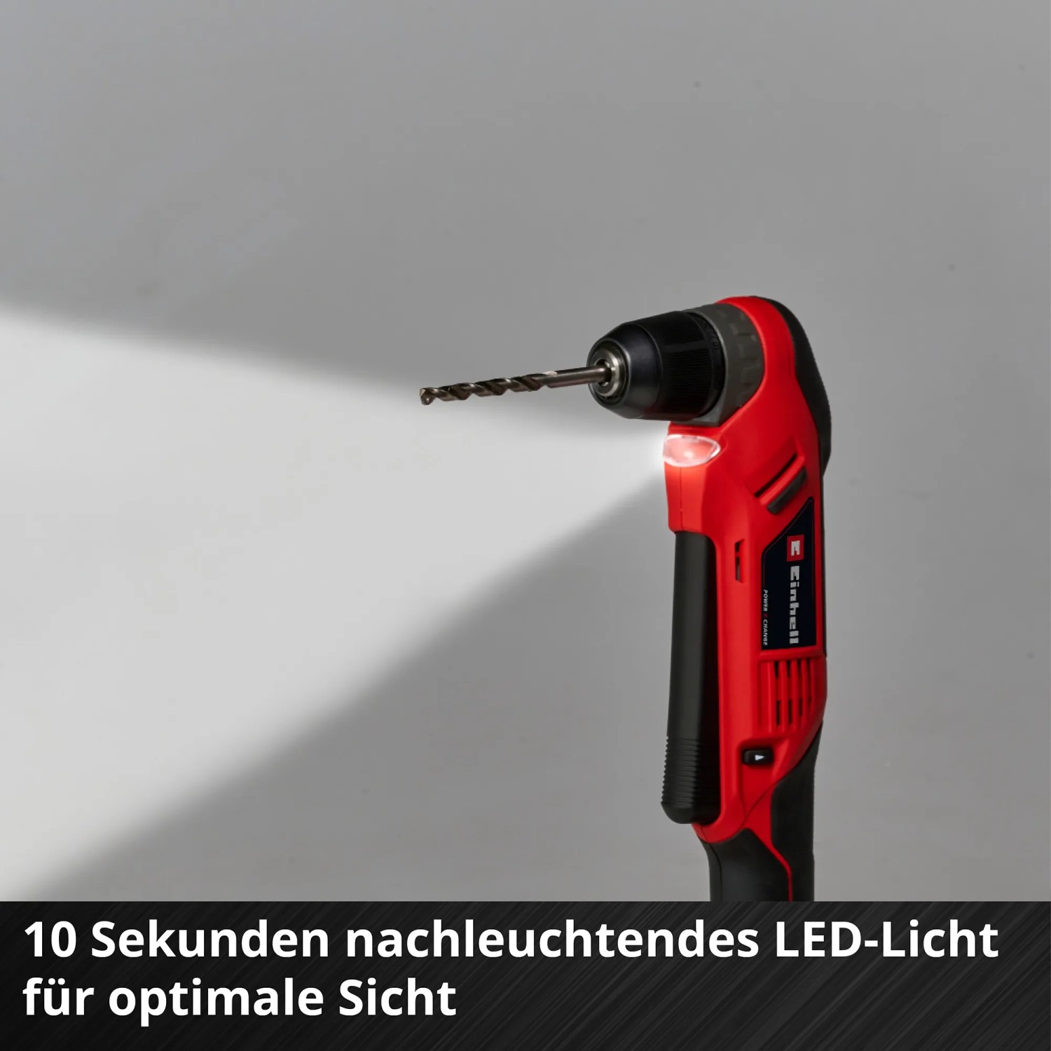Einhell Akku-Winkelbohrmaschine TE-AD 18 Li-Solo mit Bohrer und LED-Licht.