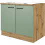 Flex-Well Spülenschrank in Schilfgrün/Artisan Eiche mit Spüle und schwarzen Griffen.