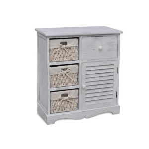 Weißes Holzschränkchen von vidaXL mit 3 Flechtkörben für Büro oder Wohnraum.