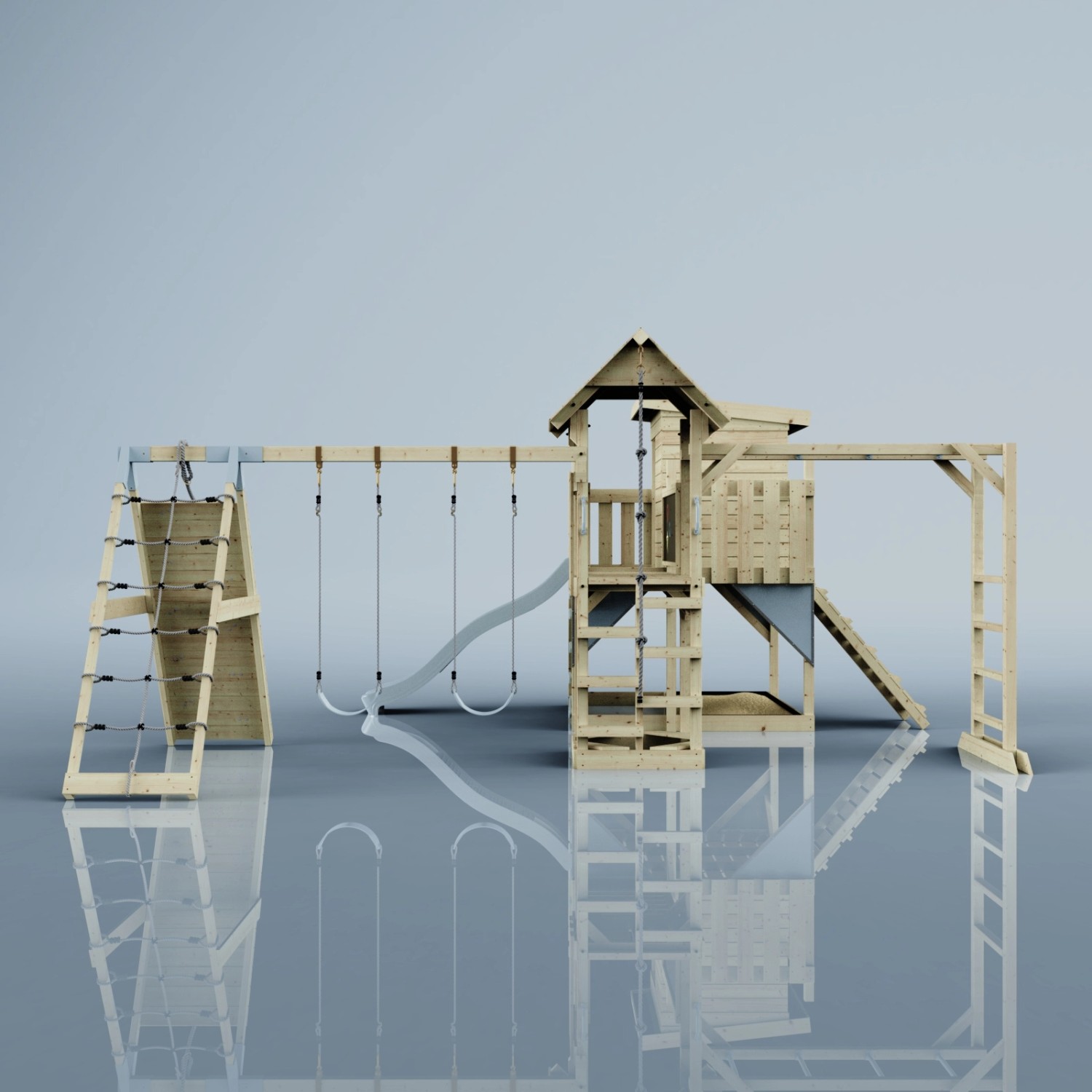 OutdoorToys Spielturm Lars mit Schaukel, Rutsche und Kletterwand aus Holz.