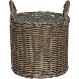 Grauer Polyrattan-Korb mit Griffen, 27,5x27,5x31,5 cm, ideal als Übertopf für Innen- und Außenbereich.