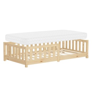 Naturfarbenes Kinderbett aus Kiefernholz, 80x160 cm, mit Rausfallschutz und weißer Kaltschaummatratze.