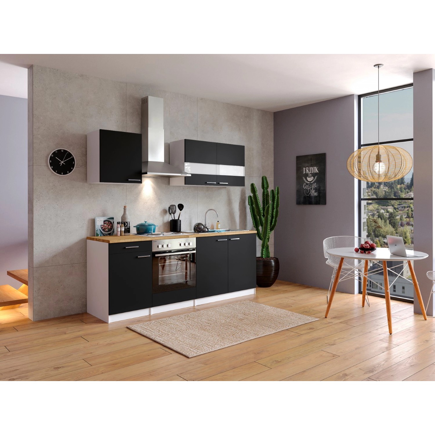 Respekta Küchenzeile/Küchenblock KB210WS 210 cm Schwarz-Weiß
