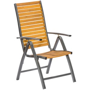 Gartensessel Santorin braun, verstellbarer Gartenstuhl mit Holzlatten und grauem Metallgestell.