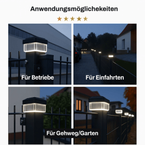 6 Solar Zaunleuchten LED an Stabmattenzäunen in verschiedenen Anwendungen: Garten, Einfahrt, Betrieb. Neutralweißes Licht.