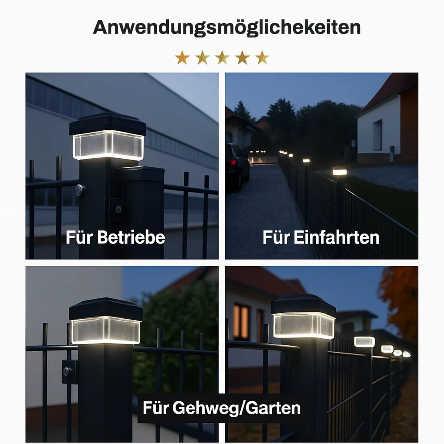 6 Solar Zaunleuchten LED an Stabmattenzäunen in verschiedenen Anwendungen: Garten, Einfahrt, Betrieb. Neutralweißes Licht.