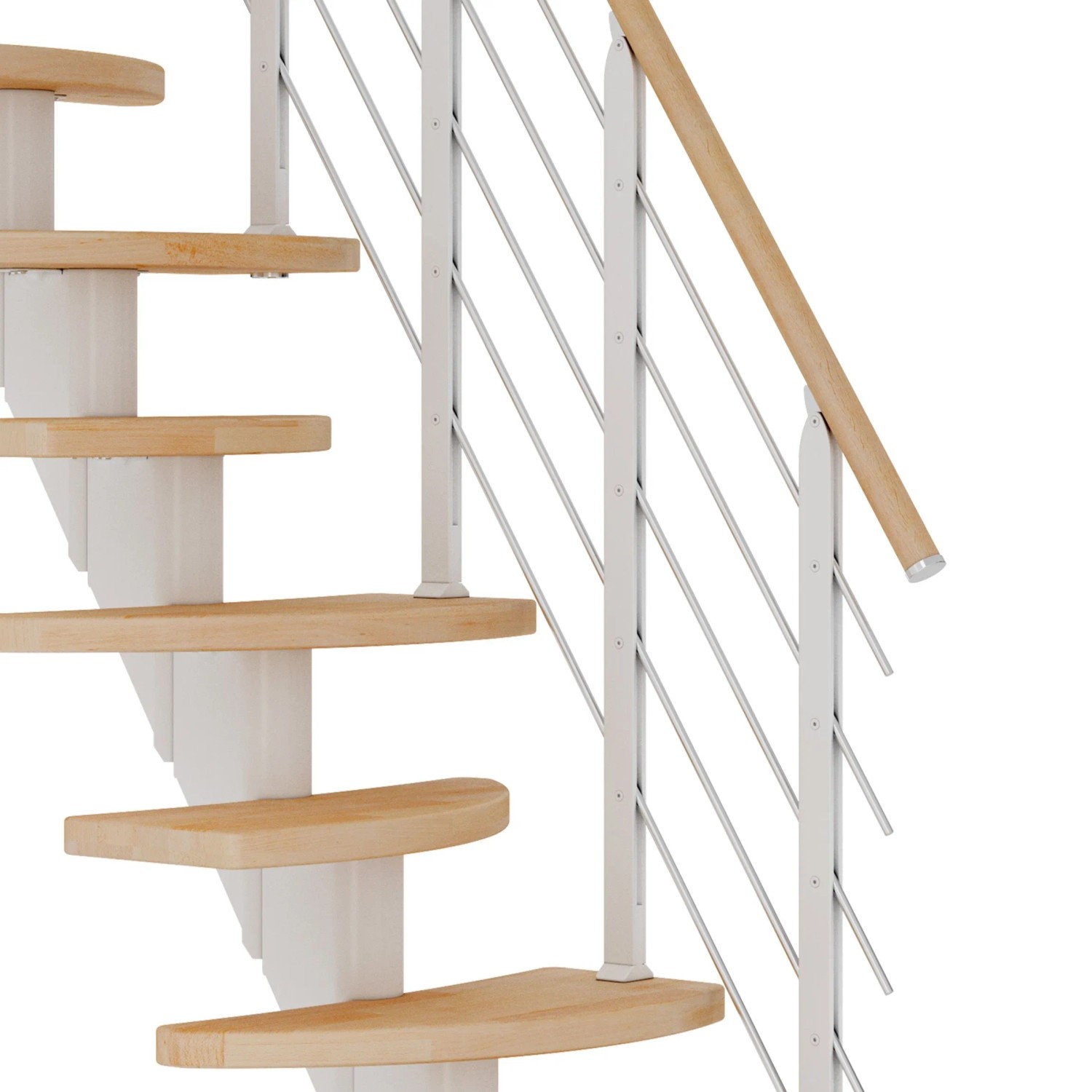Dolle Mittelholmtreppe Berlin, Buche/Weiß, mit Geländer und Holzhandlauf.