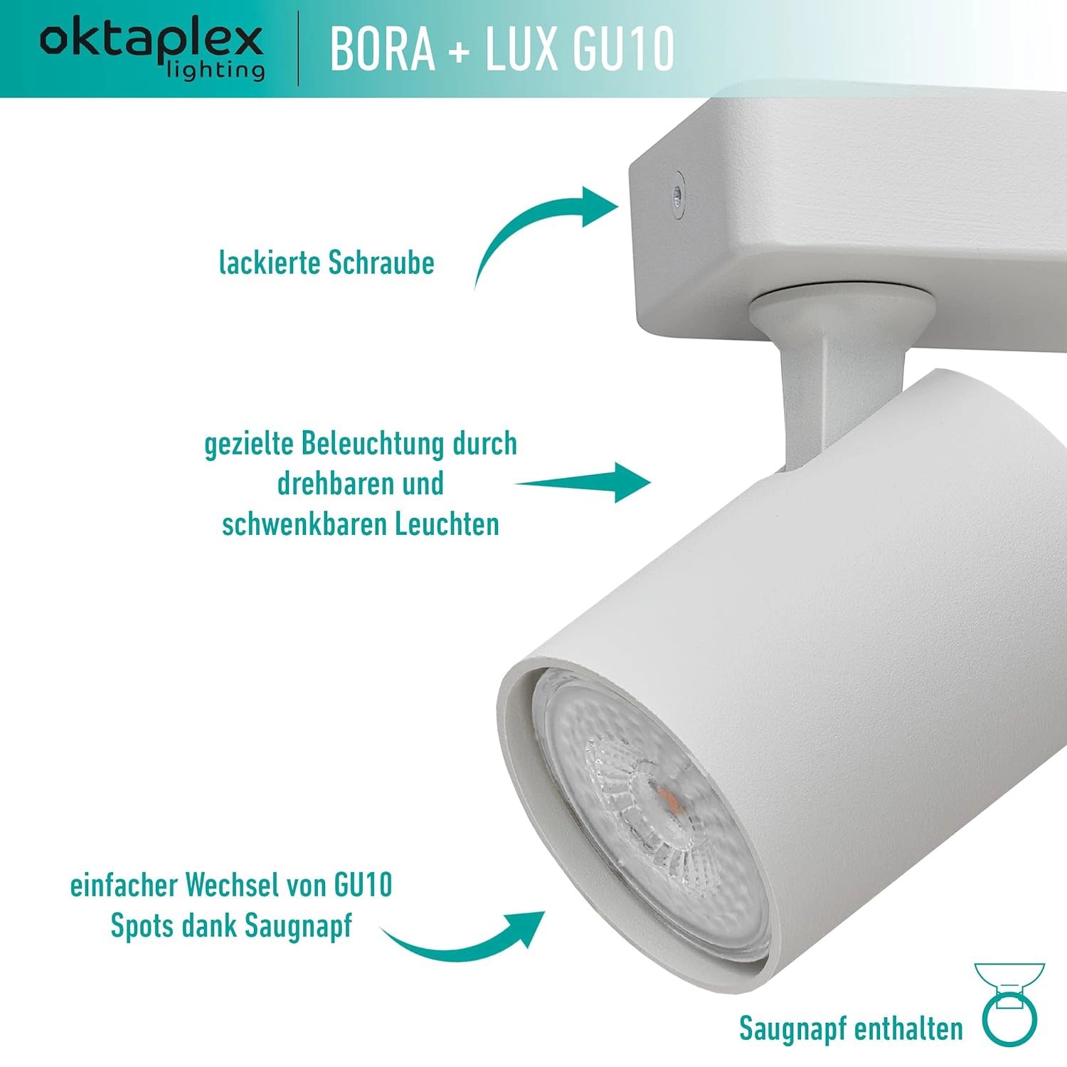 Weißer 3-flammiger Okatplex Bora Spotbalken mit schwenkbaren GU10 LED Leuchtmitteln, dimmbar.