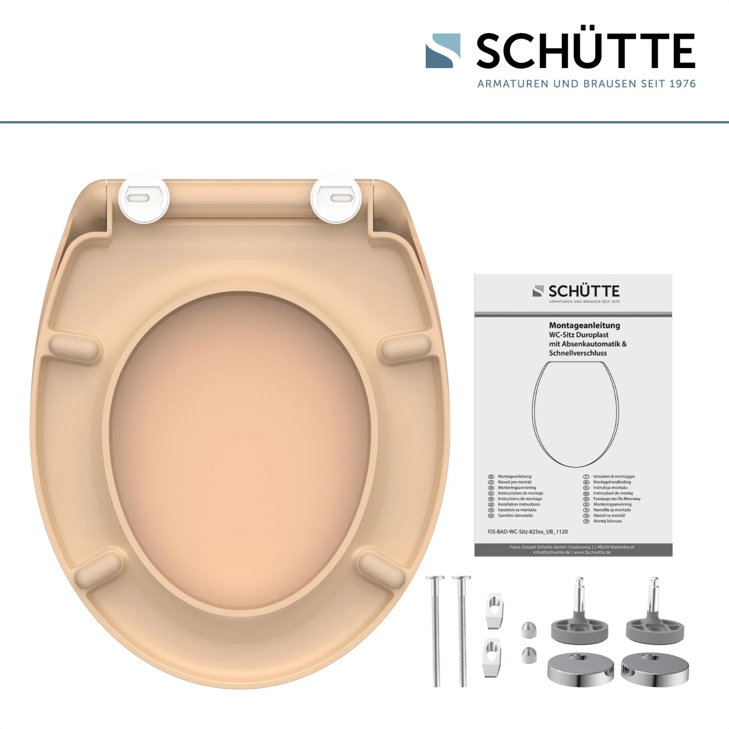Schütte WC-Sitz Beige Duroplast mit Absenkautomatik und Schnellverschluss, Draufsicht.