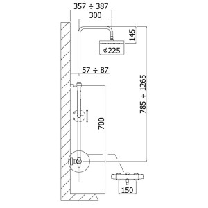 Technische Zeichnung: Kronenbach Duschsystem Aufputz mit Thermostat, Kopfbrause Ø 22,5 cm, Chrom.