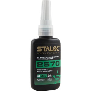 Schwarze Flasche Staloc 2S70 Schraubensicherung, hochfest, grün, 50ml. Sichert und dichtet Schrauben bis M20.