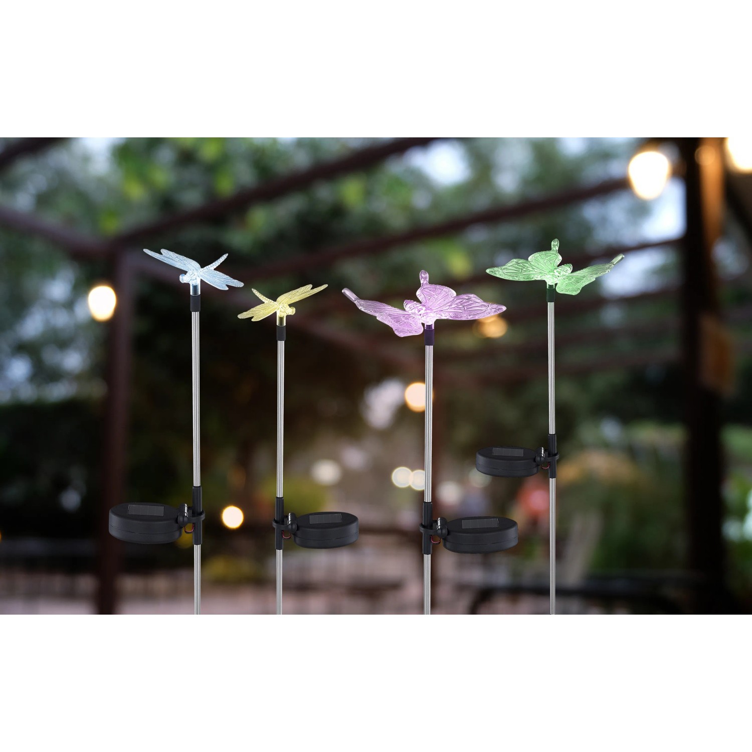 4er Set bunte LED Solar-Gartenstecker in Insektenform (Libelle, Schmetterling) für stimmungsvolle Beleuchtung.