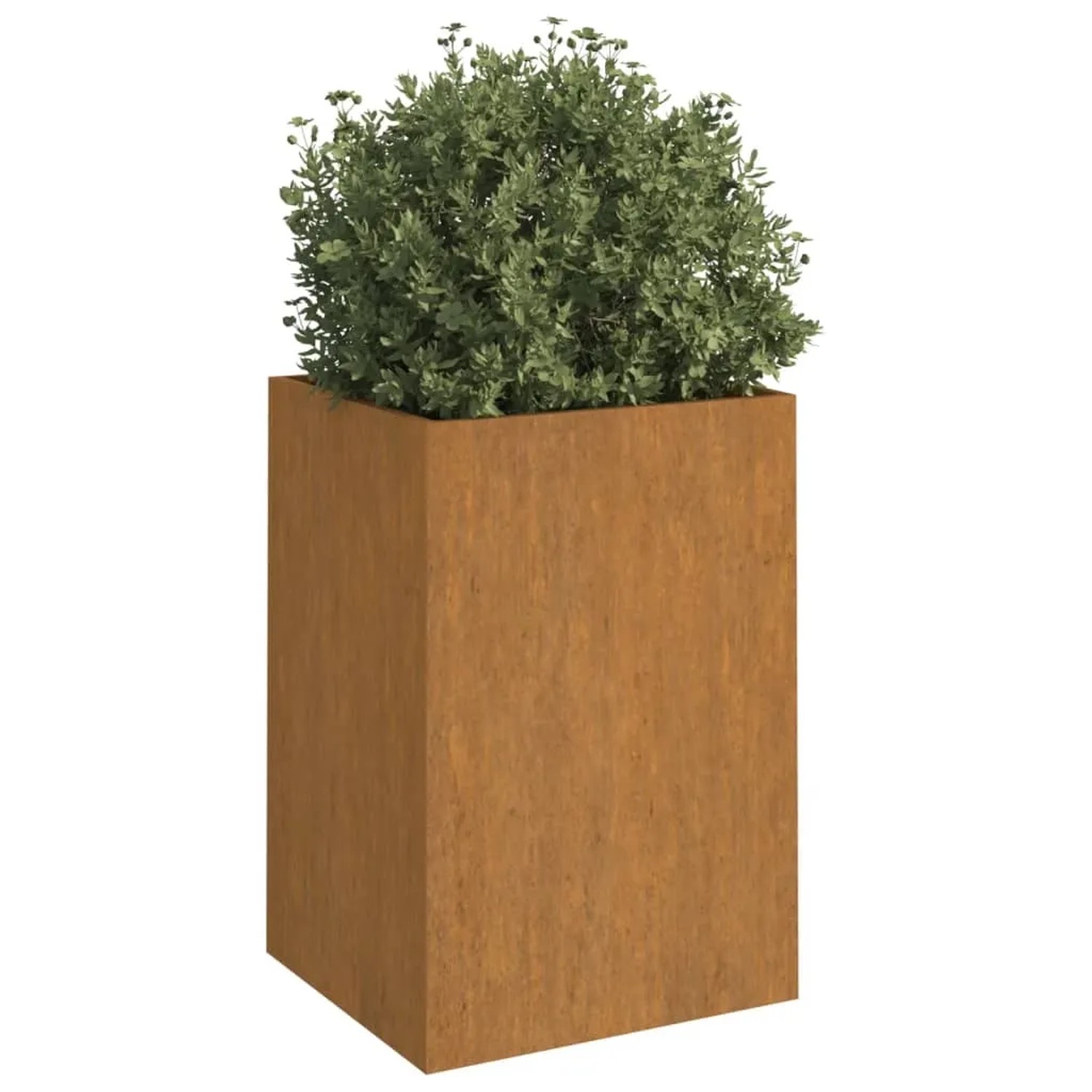 Hoher, rechteckiger Pflanzkübel aus rostigem Cortenstahl mit grüner Pflanze für Garten.