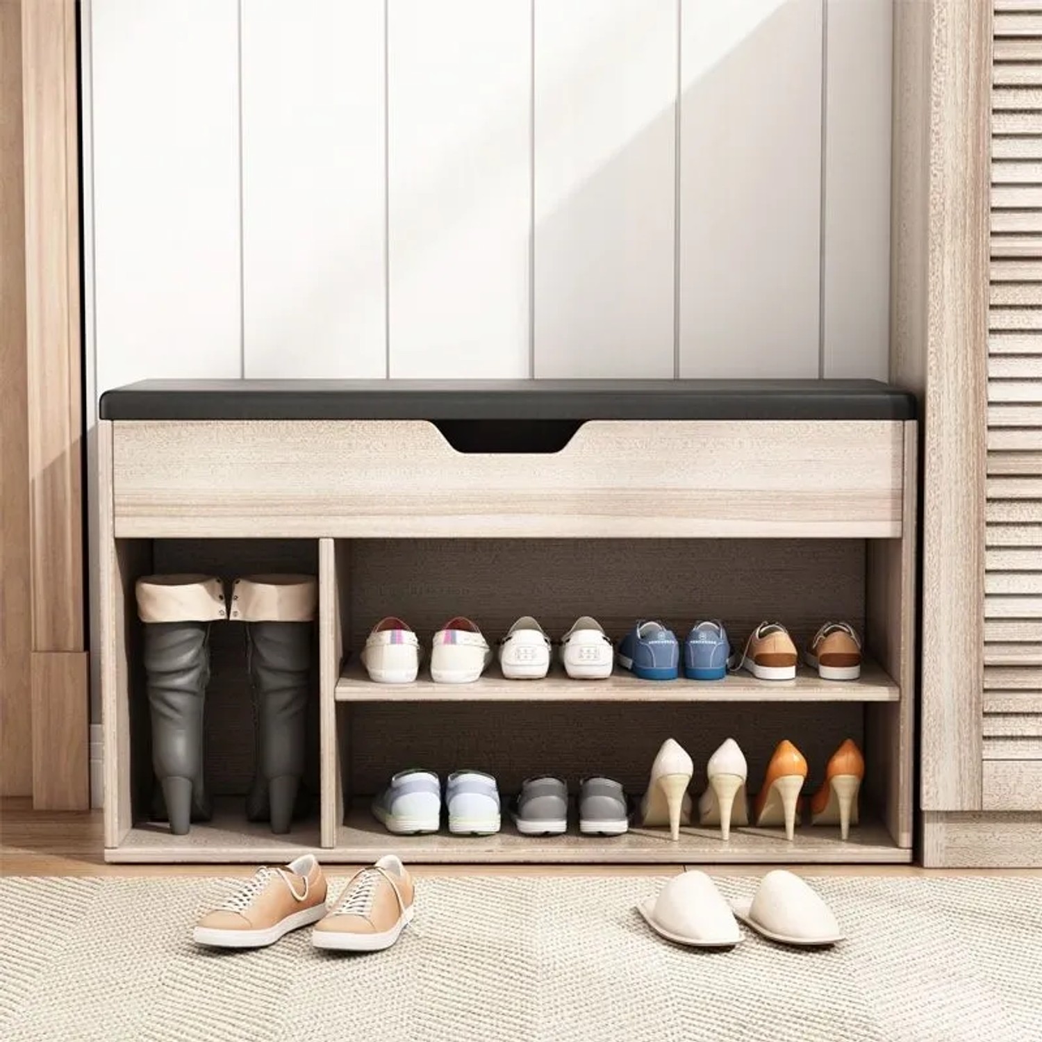 Rebiko Schuhschrank Mit Sitzfläche Aus Holz Stauraum 2 Einlegeböden Zu Öffnen Helle Eiche_5