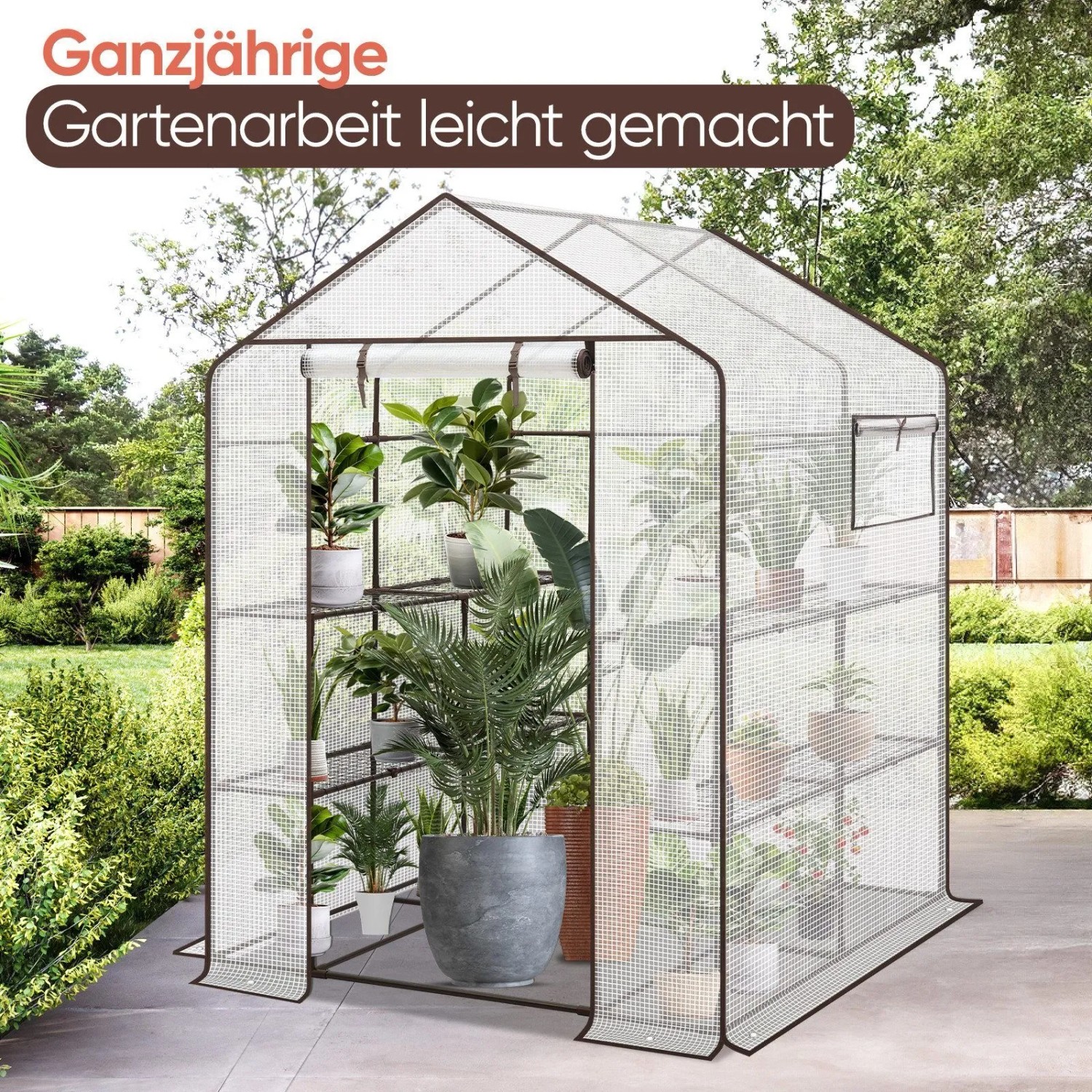 Begehbares Foliengewächshaus mit transparenter PE-Gitterfolie, braunem Rahmen, offener Tür, Fenster, Pflanzen auf Regalen.