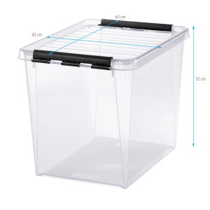 Transparente SmartStore Aufbewahrungsbox Classic 25 l mit Deckel und schwarzen Clips.