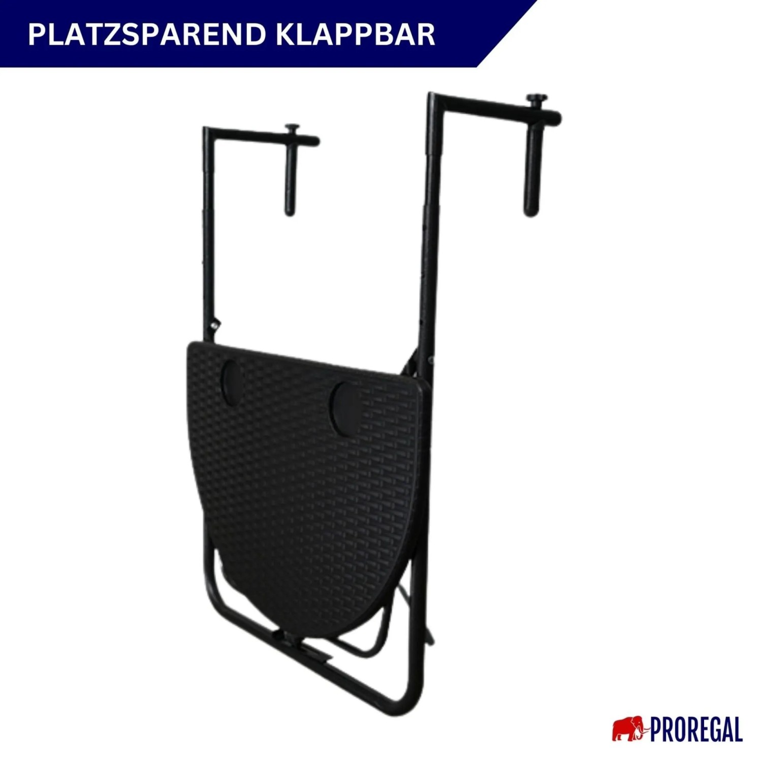 Schwarzer, klappbarer CHEFGASTRO Balkonhängetisch in Rattanoptik, 60x40 cm, mit Halterung.