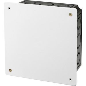 Unterputz Abzweigkasten, 165x165mm, schwarz-weiß, mit Deckel und Ausbrechöffnungen für Kabel.