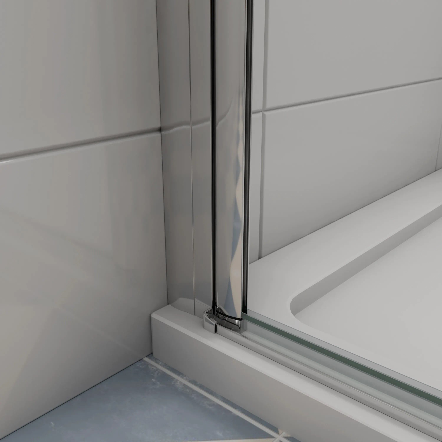 Detailaufnahme: AICA Duschkabine mit Schwingtür, 6mm ESG Glas und Chromrahmen.