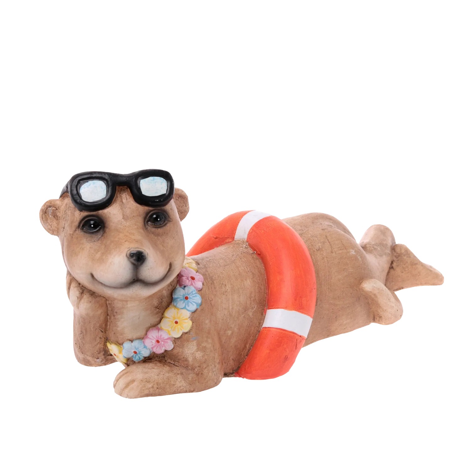 Liegendes Deko-Erdmännchen Mädchen mit Schwimmring, Sonnenbrille und Blumenkette. Gartendeko.
