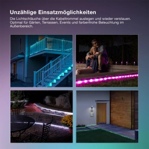 OSRAM RGB LED Streifen 15m IP65 beleuchtet Garten, Terrasse und Treppen in verschiedenen Farben im Außenbereich.