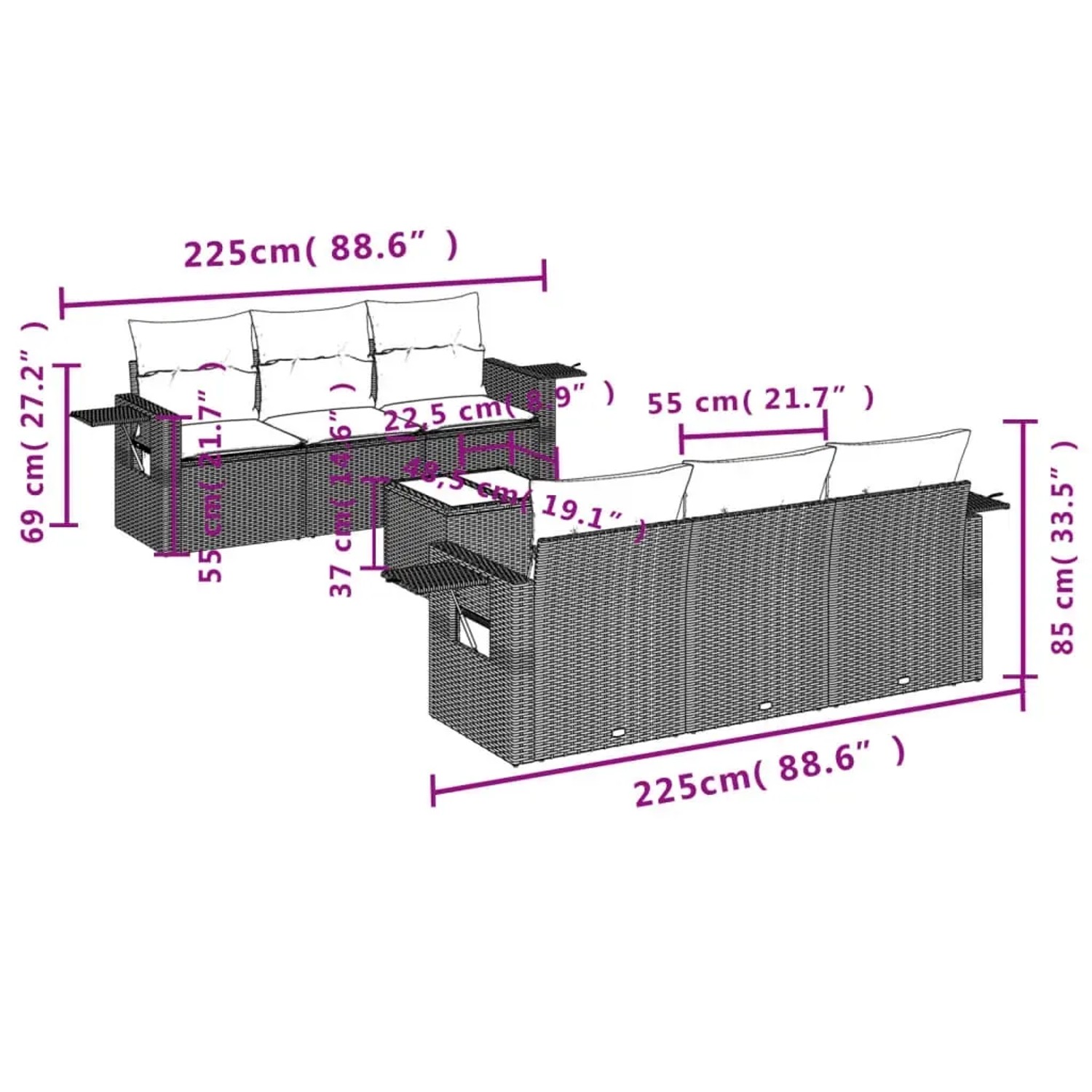 vidaXL 7-tlg. Garten-Sofagarnitur Beige Poly Rattan mit Kissen, Maße eingezeichnet.
