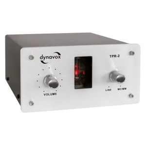 Dynavox TPR-2 Phono-Vorverstärker Sound-Converter in Silber mit Röhre und Lautstärkeregler.