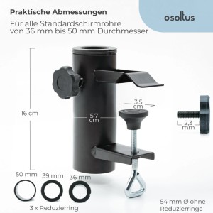Schwarzer osoltus Sonnenschirmhalter aus Metall mit Klemmsystem, Schraube und Reduzierringen für Balkongeländer.