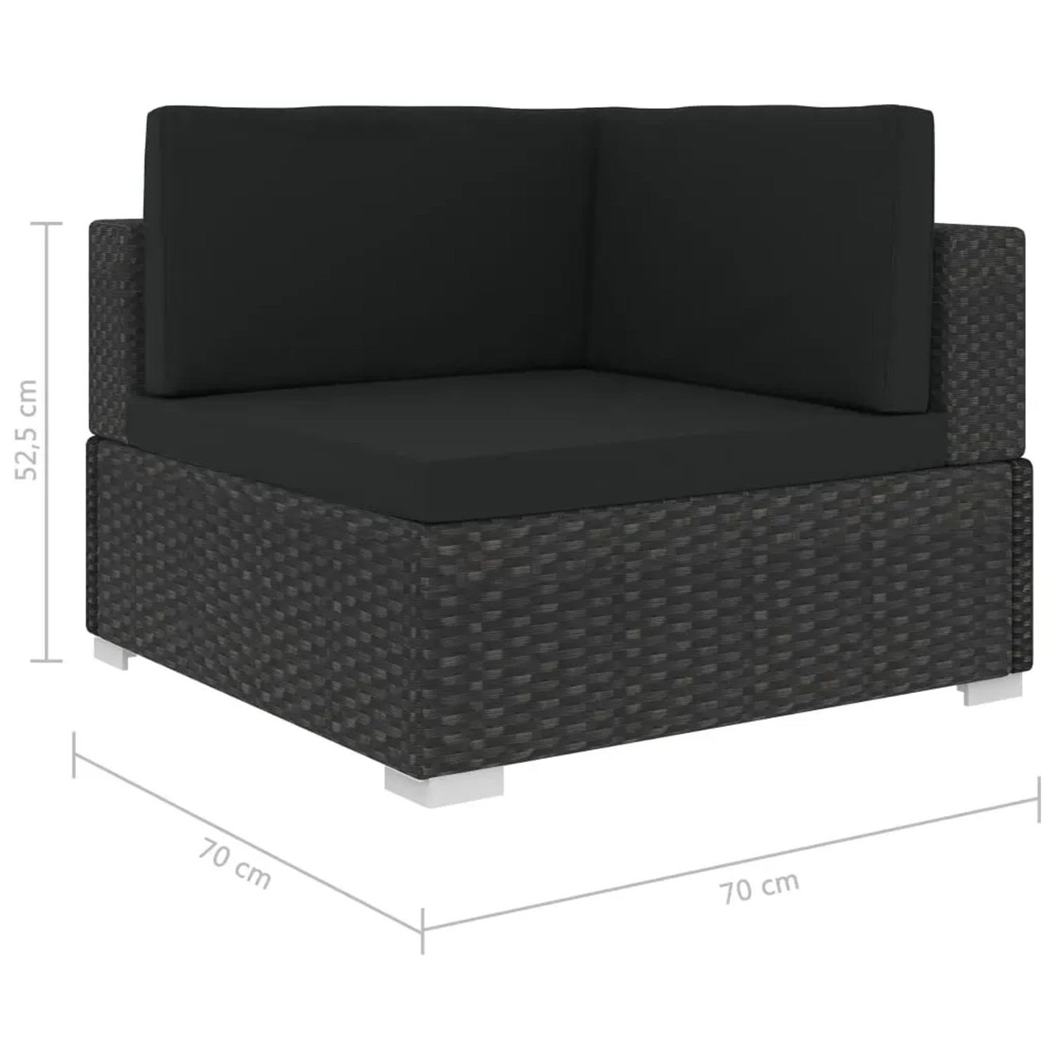 Schwarzes vidaXL Garten-Lounge-Set Eckteil aus Rattan mit schwarzen Auflagen.